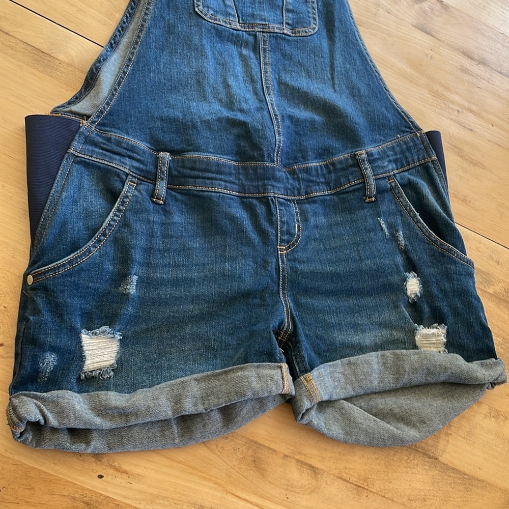 Indigo Blue Maternity Overall Denim Shorts - Comfort Flex Waistband - Medium - Picture 2 of 6